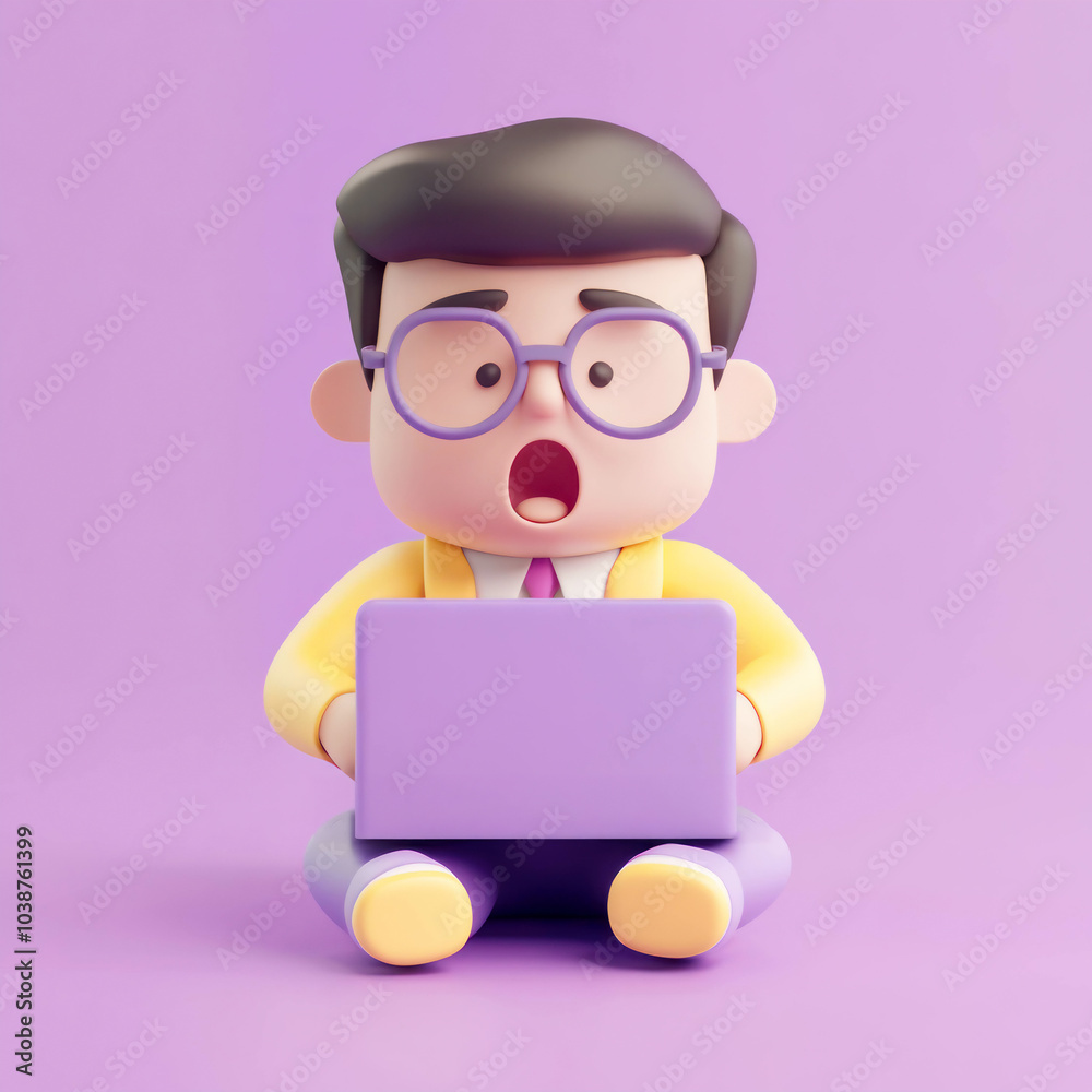 Aufkleber surprised cartoon character sitting with laptop on purple background, expressing shock and curiosity