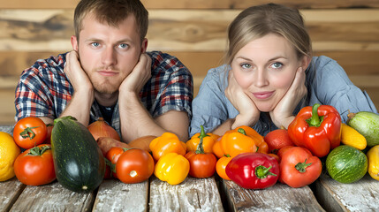 Fototapeta premium Two individuals dining at a table filled with various vegetables.