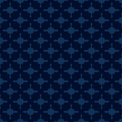 Elegant subtle geometric seamless pattern. Abstract vector ornament texture with curved shapes, crosses, lattice, repeat tiles. Simple dark blue background. Geo design for decor, wallpaper, textile