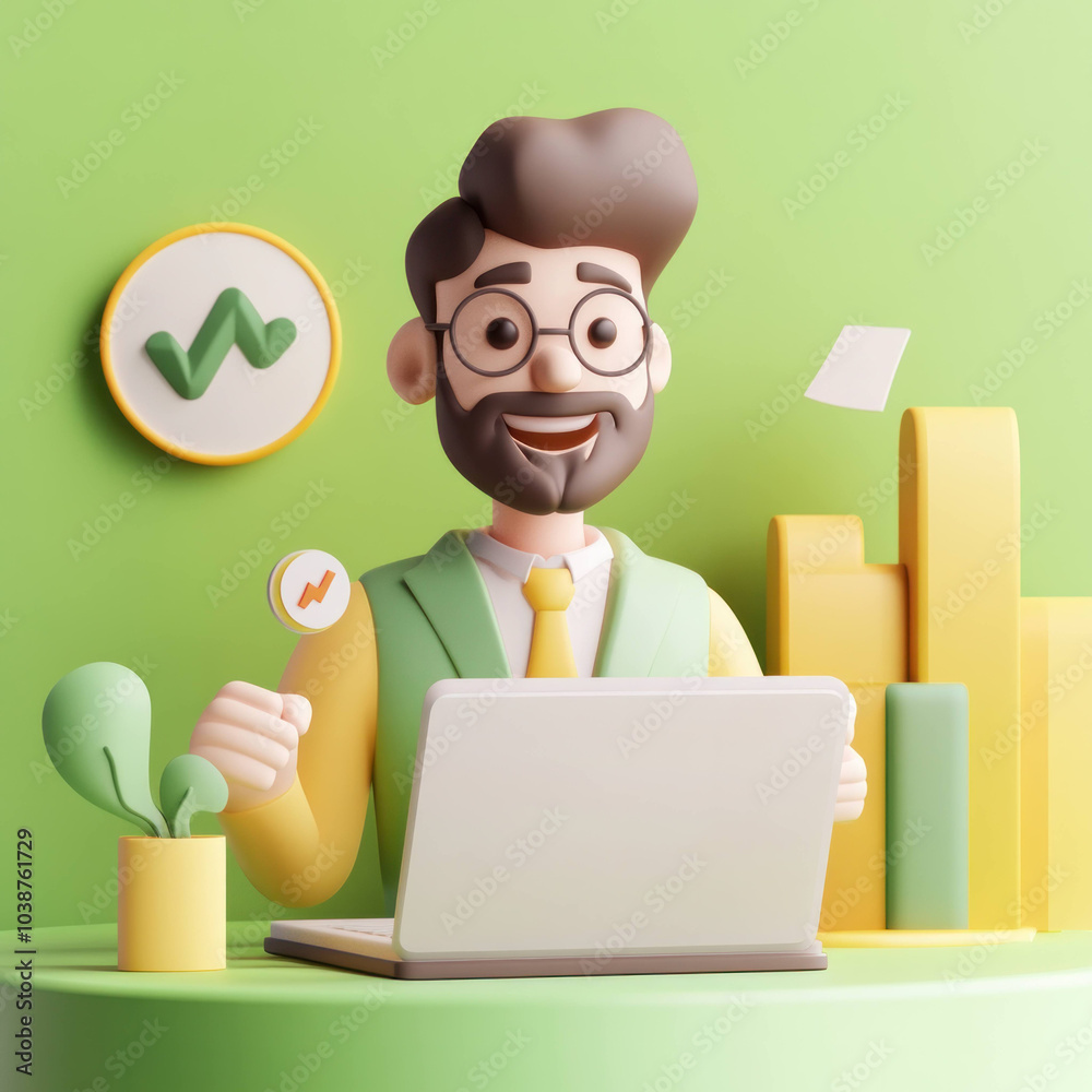 Poster cheerful character with glasses and beard is working on laptop in vibrant green setting, surrounded 