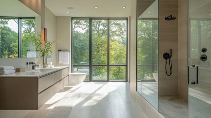 Fototapeta premium A clean, minimalist bathroom with large windows, a glass shower, and subtle decor accents.