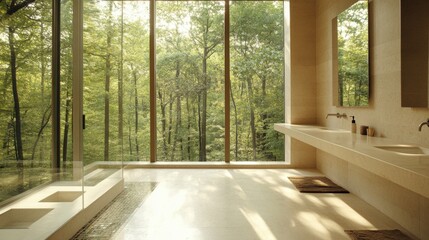 A clean, minimalist bathroom with large windows, a glass shower, and subtle decor accents.
