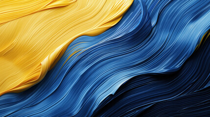 Vibrant abstract waves of yellow and blue paint create dynamic fluid texture