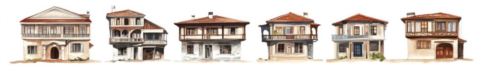 Set of watercolor illustrations depicting traditional Turkish townhouses.