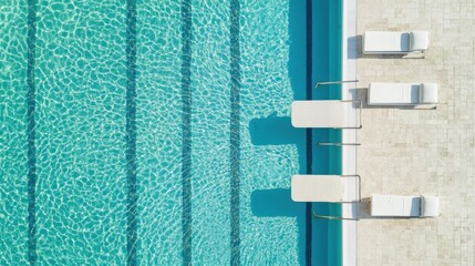 A swimming pool with clear water and diving boards, outdoor setting with blue sky, Refreshing style