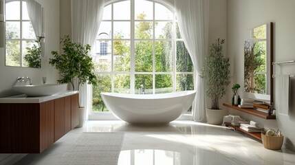 A clean, modern bathroom with a freestanding tub, large windows, and a stylish vanity.