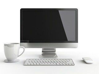 Fototapeta premium A sleek modern work desk setup with a desktop computer, keyboard, and coffee mug isolated on a white background