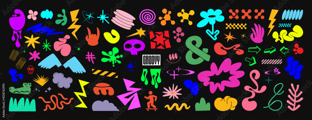 Poster groovy and funky elements, retro graphic box, bauhaus style. various bright elements in retro style 