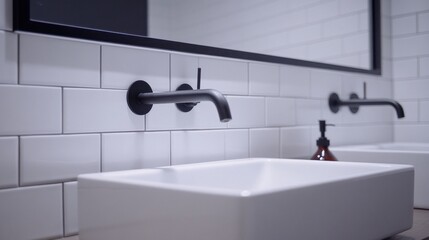 A clean, modern bathroom with white tiles, sleek black fixtures, and a minimalist design.