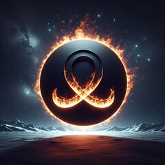 Burning Symboly of Omega Floating in front of stars, galaxies and mountains,