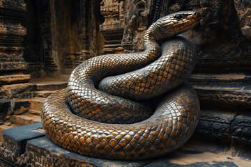 Fototapeta premium Golden snake coiled around a bronze statue in an ancient temple, rich textures and vibrant atmosphere.