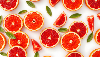 Colorful fruit pattern of fresh whole and sliced blood orange isolated with white highlights, png