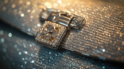 A close-up of a silver and gold clasp on a luxury handbag, glinting in soft light.
