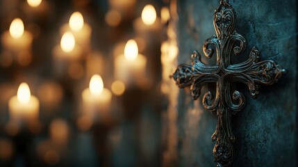 A close-up of an intricate cross hanging on a church wall, surrounded by soft candlelight.