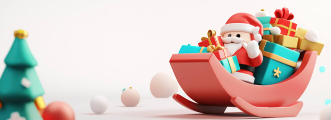 Obraz premium Festive 3D Santa Claus in sleigh filled with colorful gifts, surrounded by Christmas tree and snowballs, creating joyful holiday atmosphere