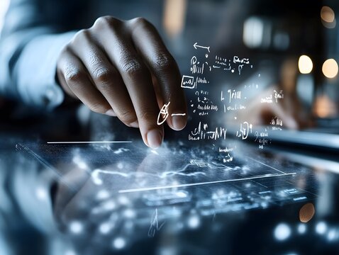 Hand interacting with holographic data and digital equations on a futuristic interface