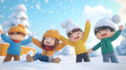 Fototapeta premium Happy children playing in snow, making snow angels and enjoying winter fun. Their joyful expressions and colorful winter attire create cheerful scene