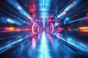 Vibrant tunnel with neon lights and digital patterns in a futuristic environment