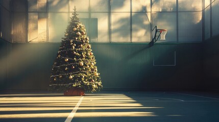 Christmas Tree Celebration on a Basketball Court Decorated Festively Generative AI