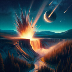 Meteors crashing down on an open plateau above a river, with a moon hanging in the back ground.