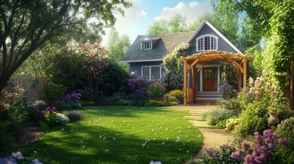 A cozy house with a large garden featuring lush green lawns, blooming flowers, and a wooden arbor.