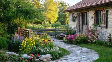 Naklejka premium A cozy stone house with a rustic garden, featuring blooming flowers, a wooden fence, and a stone walkway.