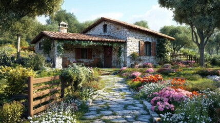 A cozy stone house with a rustic garden, featuring blooming flowers, a wooden fence, and a stone walkway.