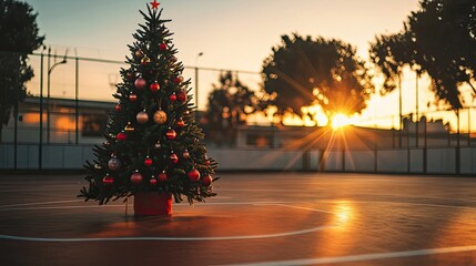Christmas Tree Decorations on a Basketball Court During Sunset Generative AI