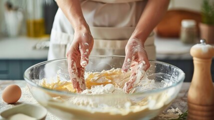 Hands mixing ingredients in a kitchen bowl