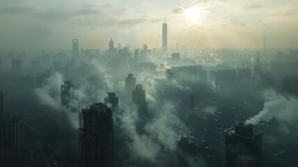 Fototapeta premium A smog-covered city skyline with factories in the background, portraying the severe impact of climate change on urban areas
