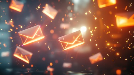 Naklejka premium Glowing email icons float in a dark space, creating an abstract representation of digital communication.