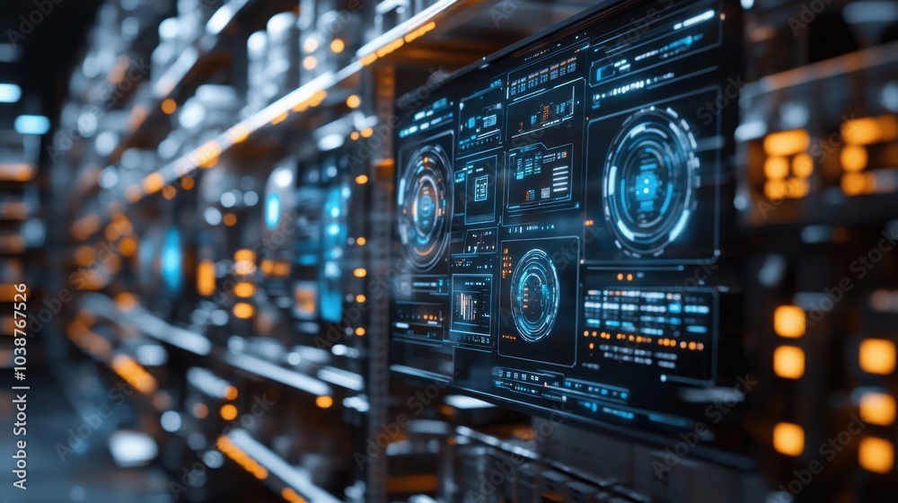 Wall mural a close-up of a server rack in a data center, with a monitor displaying a futuristic interface with 