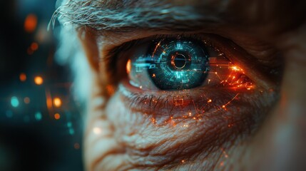 A close-up of an eye with a futuristic digital interface overlay, suggesting advanced technology or a cyborg concept.