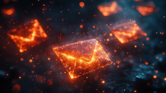 Abstract concept of burning email icons, symbolizing urgency or importance of digital communication.