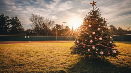Christmas Tree Decorated on a Baseball Field During Sunset Generative AI