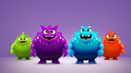 four cartoon style 3d monsters on a purple background