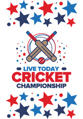 Cricket Championship. Match Day. Cricket bat and cricket ball. Tournament play-off and final. Sport game, professional competition. Play for win. Cricket match score. Fitness and recreation poster