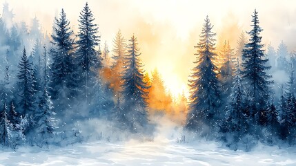 Fototapeta premium Serene Watercolor Painting of a Snowy Forest Scene