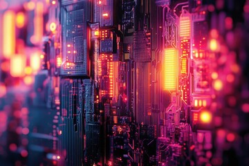Fototapeta premium Futuristic Circuit Board with Neon Lights and Digital Technology Aesthetic