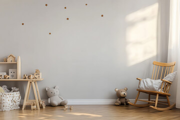 cozy childrens room featuring wooden rocking chair, soft teddy bears, and playful decor. warm sunlight creates serene atmosphere, perfect for relaxation and playtime
