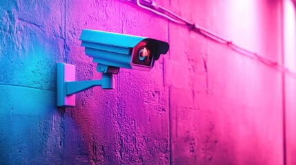A surveillance camera mounted on a wall with vibrant neon lighting.