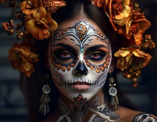 Celebrating life and death Elegant Mexican woman with ornate fantasy makeup for Day of the Dead