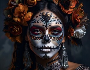 Celebrating life and death Elegant Mexican woman with ornate fantasy makeup for Day of the Dead.
