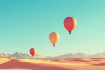 Fototapeta premium Vibrant Hot Air Balloons Floating Over Serene Desert Landscape at Sunrise