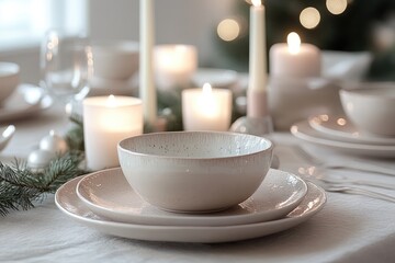 Fototapeta premium Elegant Holiday Table Setting with Ceramic Dinnerware and Candlelight Ambiance