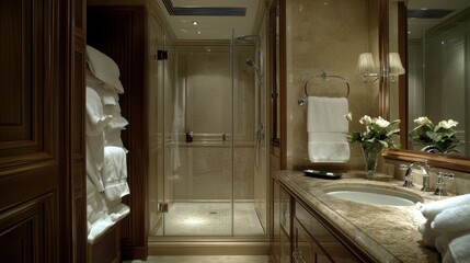 A detailed, elegant bathroom with a modern walk-in shower, marble sink, and fresh white towels.