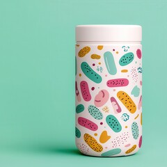 Probioticrich food packaging with colorful bacteria illustrations, nutrition, probiotic benefits
