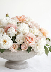 Beautiful bouquet of pink and white roses in a round ceramic vase on a light background