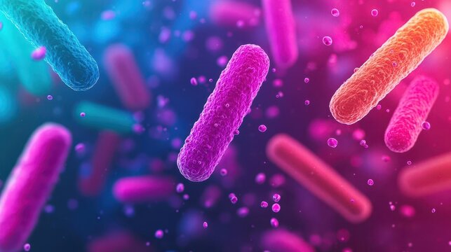 Probiotic bacteria working symbiotically with gut flora in a colorful ecosystem, microorganisms, wellness