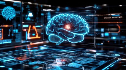 Obraz premium Futuristic holographic representation of a brain with digital interfaces.
